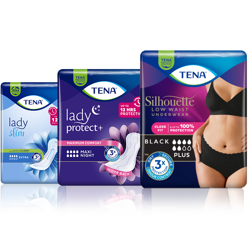 Zľava: TENA Lady Slim Extra, TENA Lady Slim Maxi Night, TENA Silhouette Washable Underwear spodná bielizeň a TENA Silhouette Washable Underwear s vysokým pásom. Zľava: TENA Lady Slim Extra, TENA Lady Slim Maxi Night, TENA Silhouette Washable Underwear spodná bielizeň a TENA Silhouette Washable Underwear s vysokým pásom.